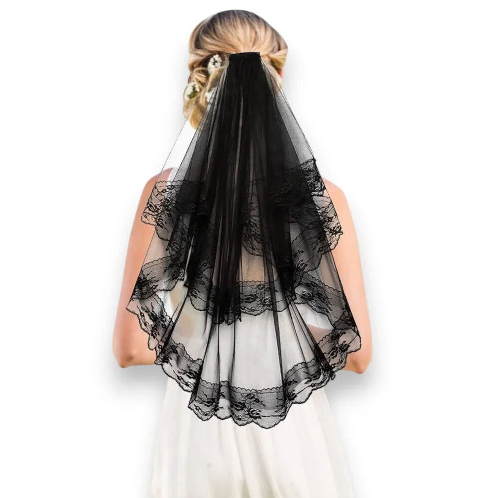 Black Multi Layer Embroidery Lace Veil OS NWT